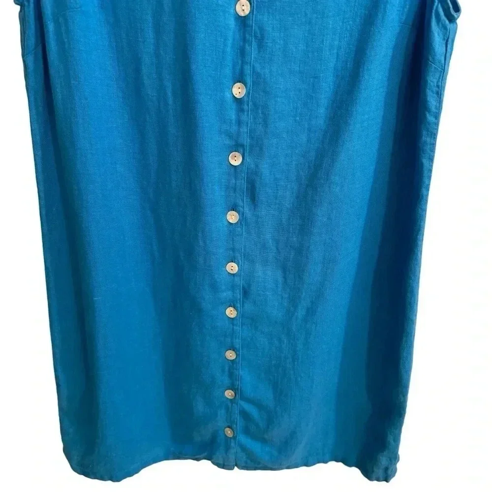 VINTAGE Chico’s 100% Linen Button Up Dress Size M‎ (2) Blue Coastal Beach Casual